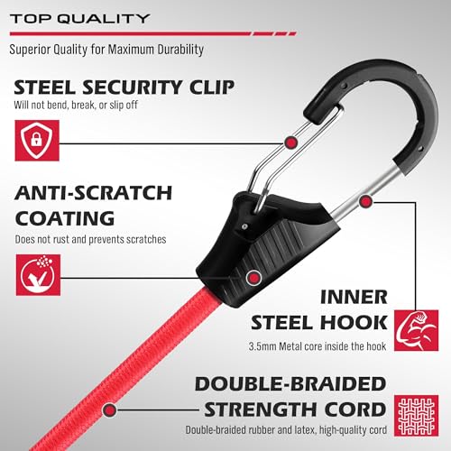 SEDY Heavy Duty Bungee Cords with Hooks 129 PCS, 18", 20", 32", 40" Outdoor Rubber Elastic Rope, 4 Canopy Tarps Clips, Small Bungees Rope with Ball, 100 Zip Ties, Mini Cords Carabiner Hook, Storage Bag - Image 3