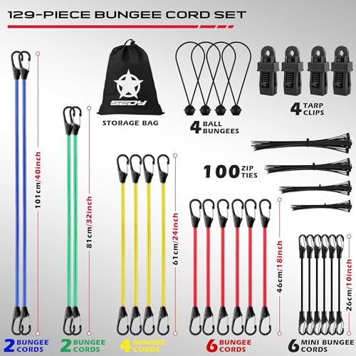 SEDY Heavy Duty Bungee Cords with Hooks 129 PCS, 18", 20", 32", 40" Outdoor Rubber Elastic Rope, 4 Canopy Tarps Clips, Small Bungees Rope with Ball, 100 Zip Ties, Mini Cords Carabiner Hook, Storage Bag - Image 2