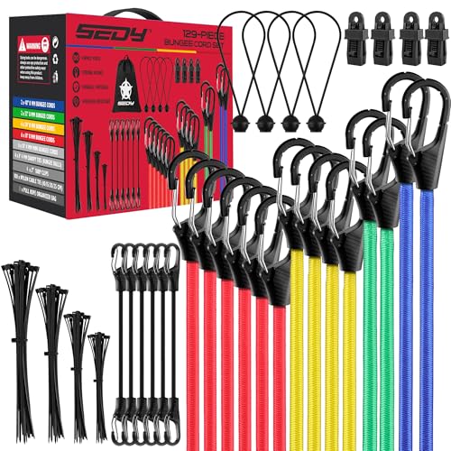 SEDY Heavy Duty Bungee Cords with Hooks 129 PCS, 18", 20", 32", 40" Outdoor Rubber Elastic Rope, 4 Canopy Tarps Clips, Small Bungees Rope with Ball, 100 Zip Ties, Mini Cords Carabiner Hook, Storage Bag - Image 1