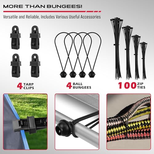 SEDY Heavy Duty Bungee Cords with Hooks 129 PCS, 18", 20", 32", 40" Outdoor Rubber Elastic Rope, 4 Canopy Tarps Clips, Small Bungees Rope with Ball, 100 Zip Ties, Mini Cords Carabiner Hook, Storage Bag - Image 4