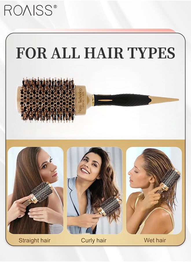 roaiss - Thermal Ceramic Nano Ionic Hairbrush Professional Anti-static Round Barrel Hair Styling Comb Portable Boar Bristle Brush for Blow Drying, Curling, Straightening, Volume and Shine with Croc Clips - Image 1