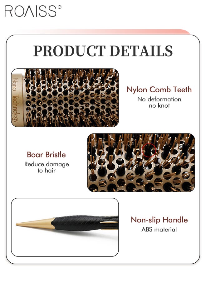 roaiss - Thermal Ceramic Nano Ionic Hairbrush Professional Anti-static Round Barrel Hair Styling Comb Portable Boar Bristle Brush for Blow Drying, Curling, Straightening, Volume and Shine with Croc Clips - Image 1