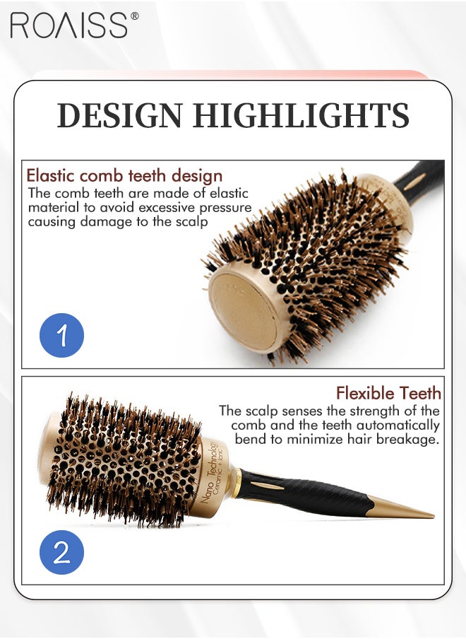 roaiss - Thermal Ceramic Nano Ionic Hairbrush Professional Anti-static Round Barrel Hair Styling Comb Portable Boar Bristle Brush for Blow Drying, Curling, Straightening, Volume and Shine with Croc Clips - Image 1