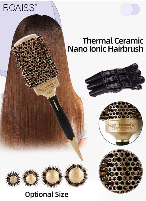 Thermal Ceramic Nano Ionic Hairbrush Professional Anti-static Round Barrel Hair Styling Comb Portable Boar Bristle Brush for Blow Drying, Curling, Straightening, Volume and Shine with Croc Clips