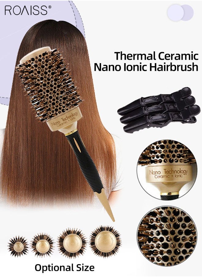 roaiss - Thermal Ceramic Nano Ionic Hairbrush Professional Anti-static Round Barrel Hair Styling Comb Portable Boar Bristle Brush for Blow Drying, Curling, Straightening, Volume and Shine with Croc Clips - Image 1