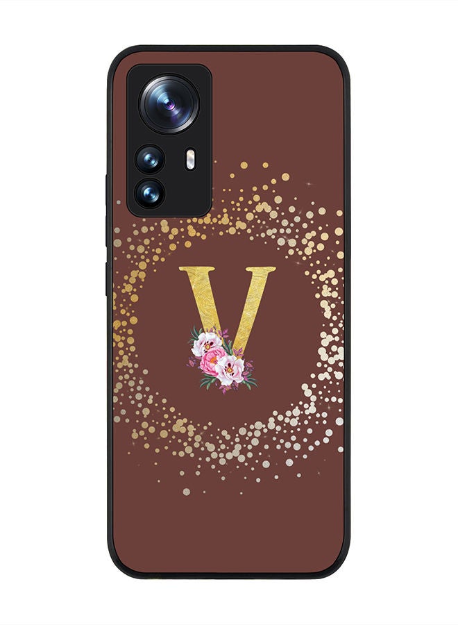 Stylizedd Rugged Black edge case for Xiaomi 12 / Xiaomi 12X Slim fit Soft Case Flexible Rubber Edges TPU Gel Thin Cover - Custom Monogram Initial Letter Floral Pattern Alphabet - V (Brown) - Image 1