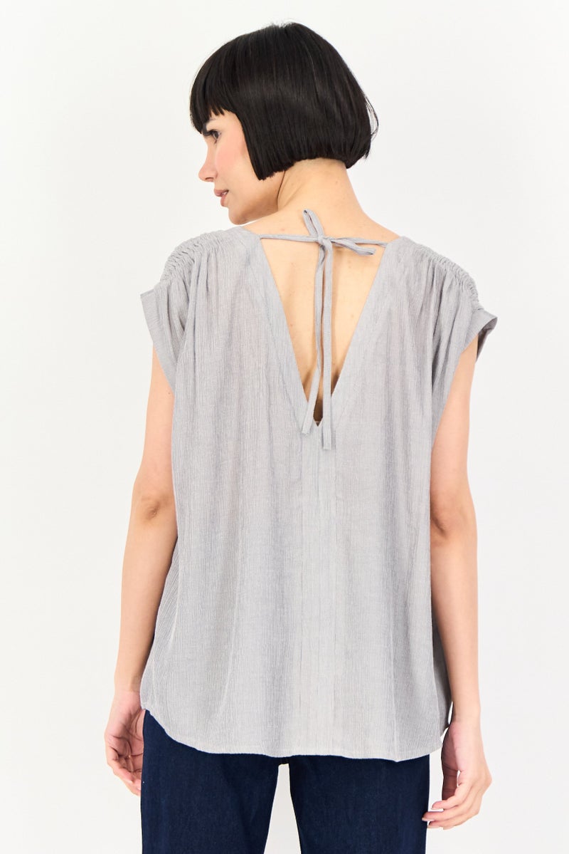 promod Women V-Neck Textured Sleeveless Tank Top, Grey - Image 3