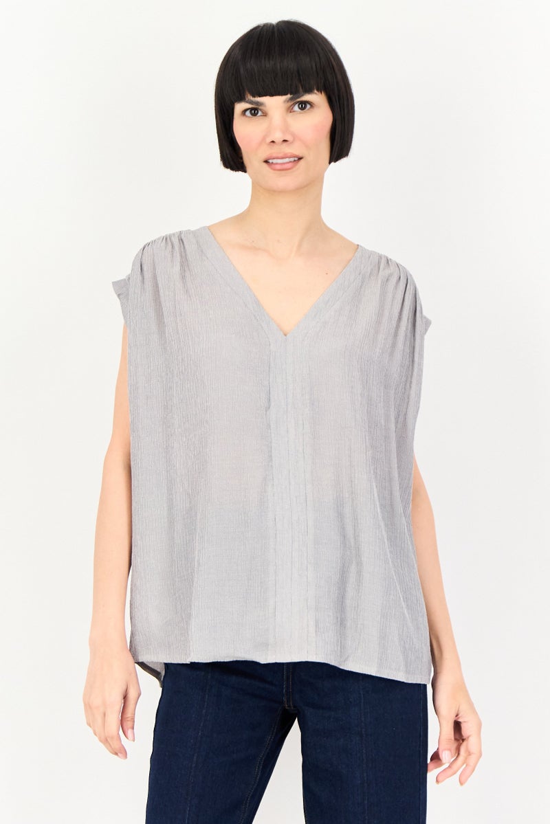 promod Women V-Neck Textured Sleeveless Tank Top, Grey - Image 1