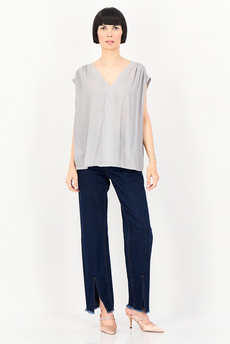 promod Women V-Neck Textured Sleeveless Tank Top, Grey - Image 2