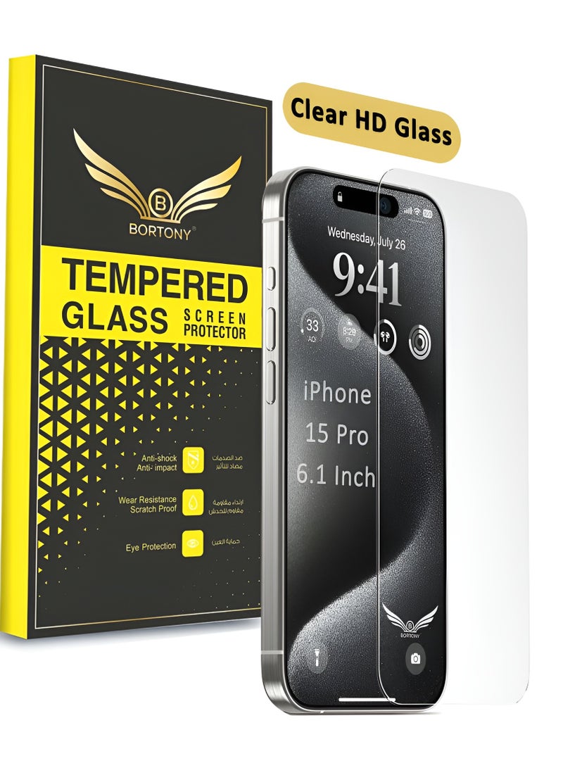 BORTONY iPhone 15 Pro Screen Protector 6.1 inch HD Clear Easy Installation Frame Scratch Resistant Anti-Fingerprint Bubble Free 9H Tempered Glass Film for iPhone 15 Pro - Image 1