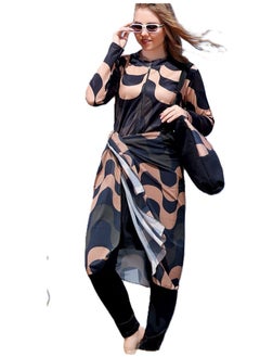 Burkini beach swimsuit - multi-colored Material: Imported water-proof Sizes: - Large - Extra Large - 2 Extra Large Size chart Large: Fits weight from 55 to 65 kg Extra Large: Fits weight from 65 to 75 kg 2 Extra Large: Fits weight from 75 to 85 kg It consists of a jumpsuit, bag, skirt, turban, and chiffon shawl.