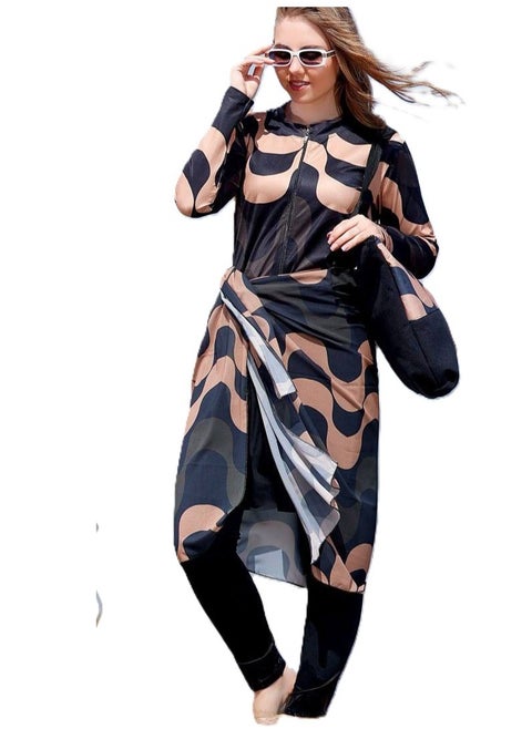 Burkini beach swimsuit - multi-colored Material: Imported water-proof Sizes: - Large - Extra Large - 2 Extra Large Size chart Large: Fits weight from 55 to 65 kg Extra Large: Fits weight from 65 to 75 kg 2 Extra Large: Fits weight from 75 to 85 kg It consists of a jumpsuit, bag, skirt, turban, and chiffon shawl.