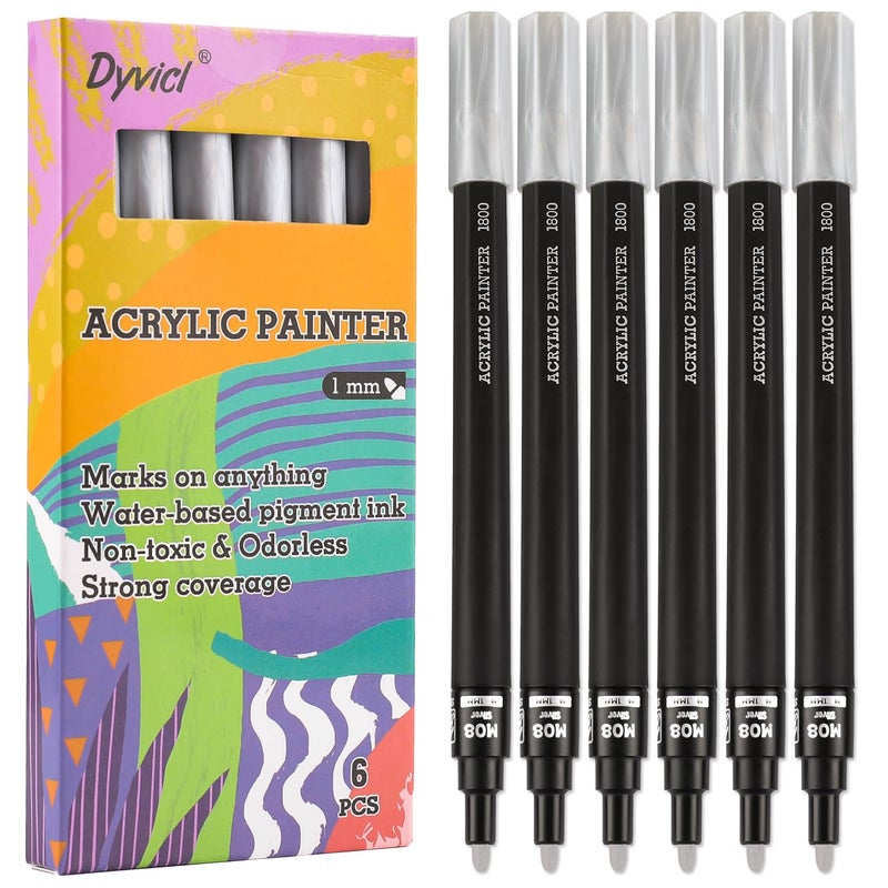 Dyvicl Metallic Silver Paint Pens Fine Point Acrylic Metallic Silver Paint Markers for Rock Painting Stone Ceramic Glass Wood Fabric Canvas Metal DIY Crafts Making 6 Pack