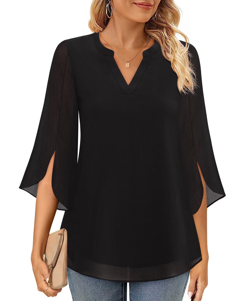 Timeson Blouses for Women Fashion 2024: 3/4 Sleeve - Work Attire for Women Office Black Tunics Tops for Leggings Ladies V Neck Chiffon Dress Shirts Professional Formal Clothes Business Casual Large - Image 2