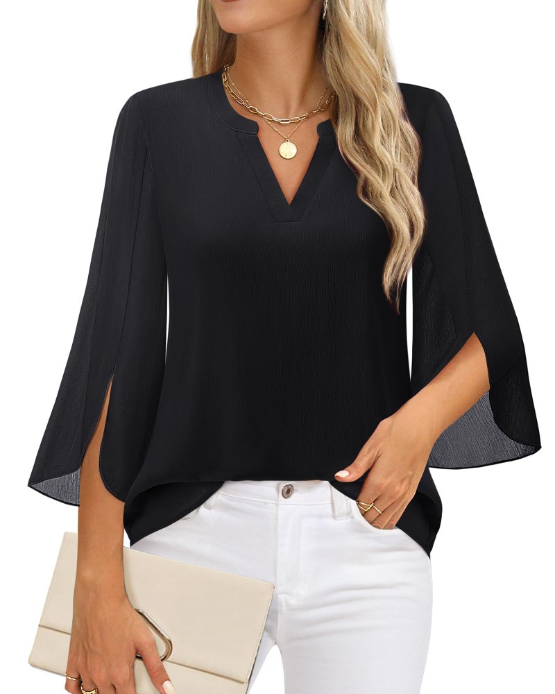 Timeson Blouses for Women Fashion 2024: 3/4 Sleeve - Work Attire for Women Office Black Tunics Tops for Leggings Ladies V Neck Chiffon Dress Shirts Professional Formal Clothes Business Casual Large - Image 1