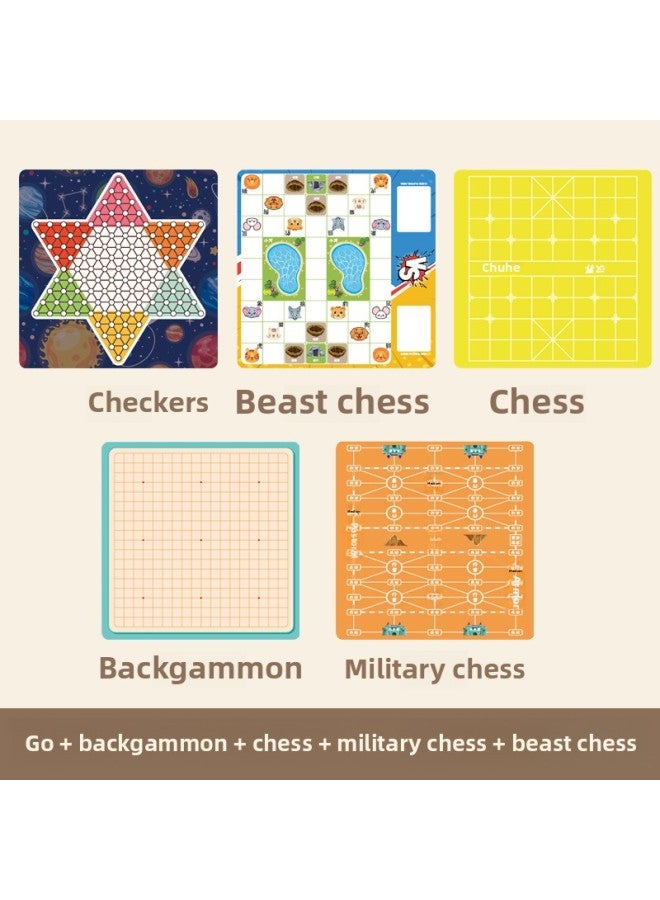 Wooden Game Flying Chess Checkers Gobang Chess Colosseum Chess Go Children's Educational Toys Multifunctional Chessboard-Color:Five-in-one: Jumping Five Armies And Fighting Elephants (color Box) - Image 1