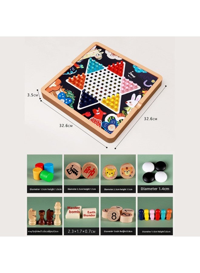 Wooden Game Flying Chess Checkers Gobang Chess Colosseum Chess Go Children's Educational Toys Multifunctional Chessboard-Color:Five-in-one: Jumping Five Armies And Fighting Elephants (color Box) - Image 4