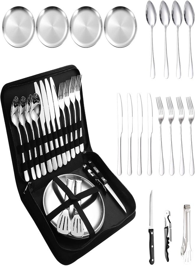 LOOKMINT Camping Cutlery Set - Stainless Steel Portable Picnic Utensils with Plates, Grill Tong, and Bottle Opener - Ideal for Road Trips, Picnics, and Camping Adventures - Image 1