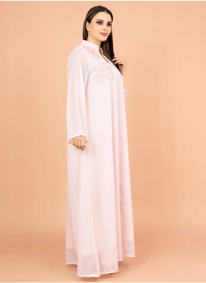 IKKXA Floral Fantasy Crystal Jalabiya with Elegant Stripes IK2018 Pink