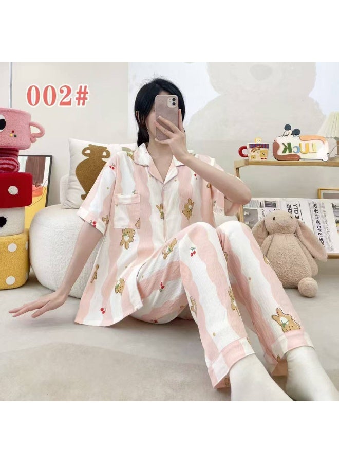 Korean Style Women's Cotton Pajama Set, Soft Cloud Cotton Sleepwear, Short Sleeve Button-Up Top & Long Pants, Free Size