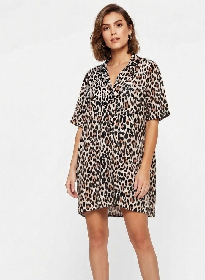 Women casual oversized buttoned leopard  shirt dress long dress