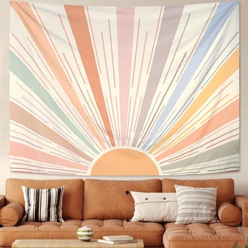 Kanuyee Boho Sun Tapestry Wall Hanging, Retro 70s Abstract Striped Aesthetic Sunrise Vintage Tapestries for Bedroom Living Room 68×90 inch - Image 2