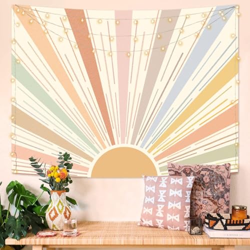 Kanuyee Boho Sun Tapestry Wall Hanging, Retro 70s Abstract Striped Aesthetic Sunrise Vintage Tapestries for Bedroom Living Room 68×90 inch - Image 1