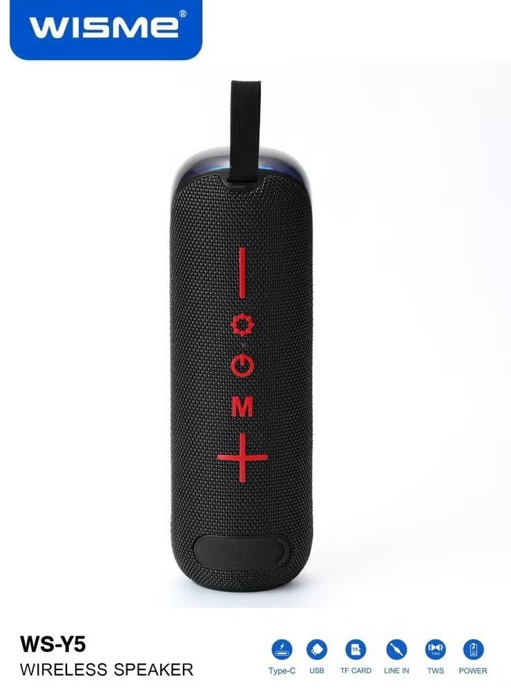 WISME مكبر صوت بلوتوث محمول لاسلكي WS-Y5 مع إضاءة ملونة RGB، خيارات إدخال متعددة، وتحكم بالزر – صوت عالي الجودة وتصميم أنيق، أسود - Image 3
