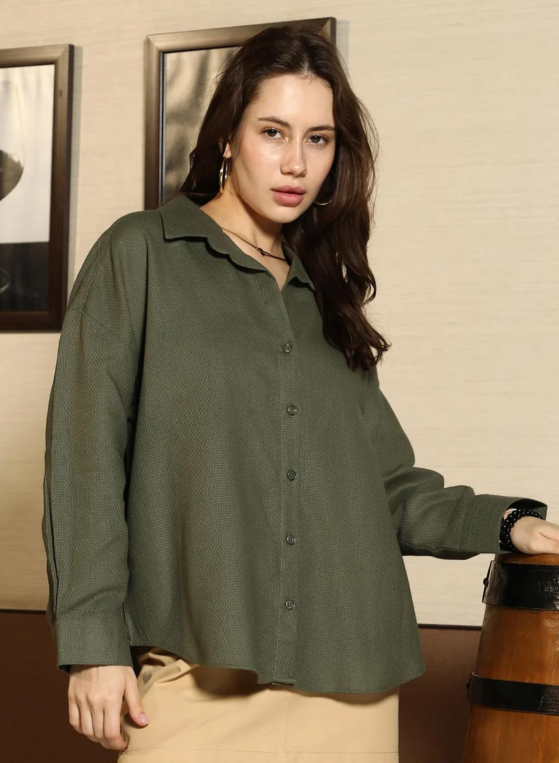 PINACOLADA Women's Army Green Solid Canvas Oversized Shirt Women's Army Green Solid Canvas Oversized Shirt for Women | Best Price UAE