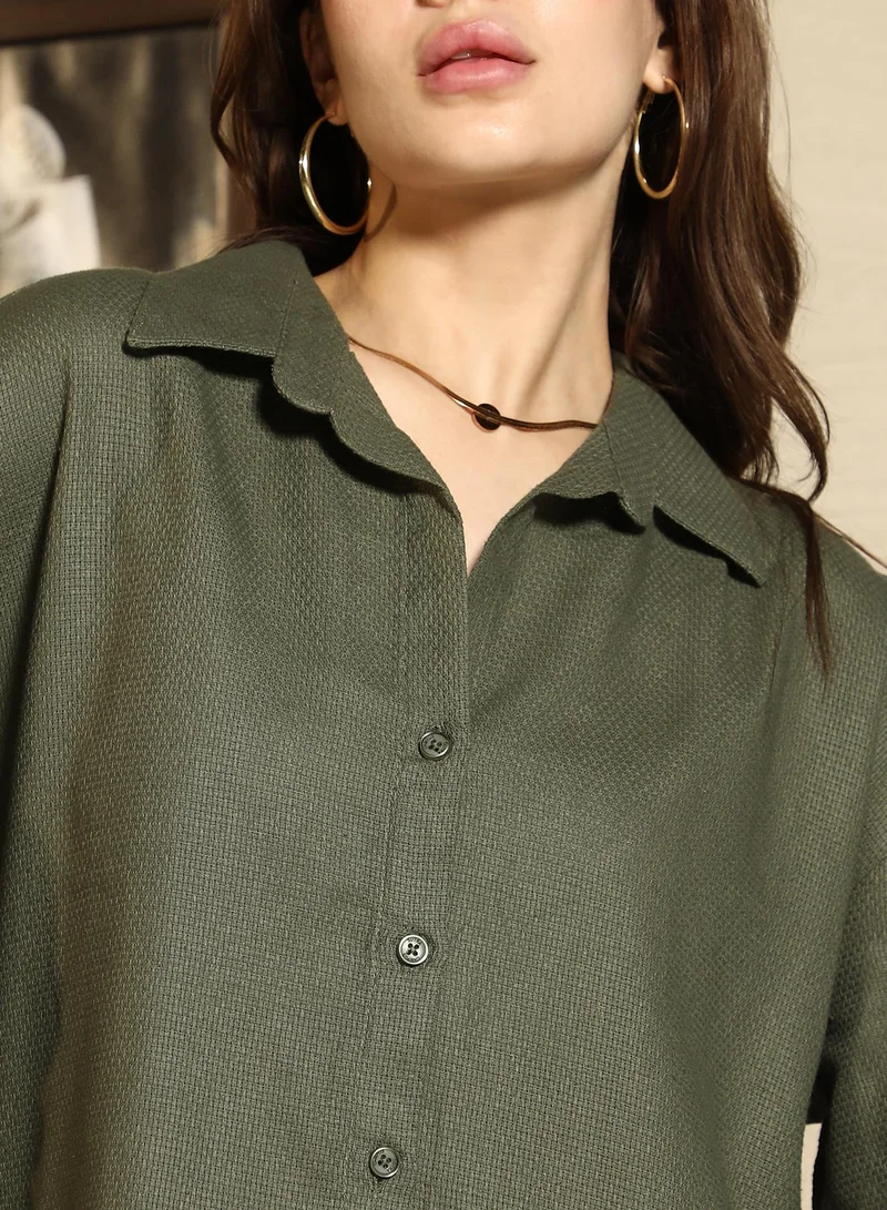 PINACOLADA Women's Army Green Solid Canvas Oversized Shirt Women's Army Green Solid Canvas Oversized Shirt for Women | Best Price UAE