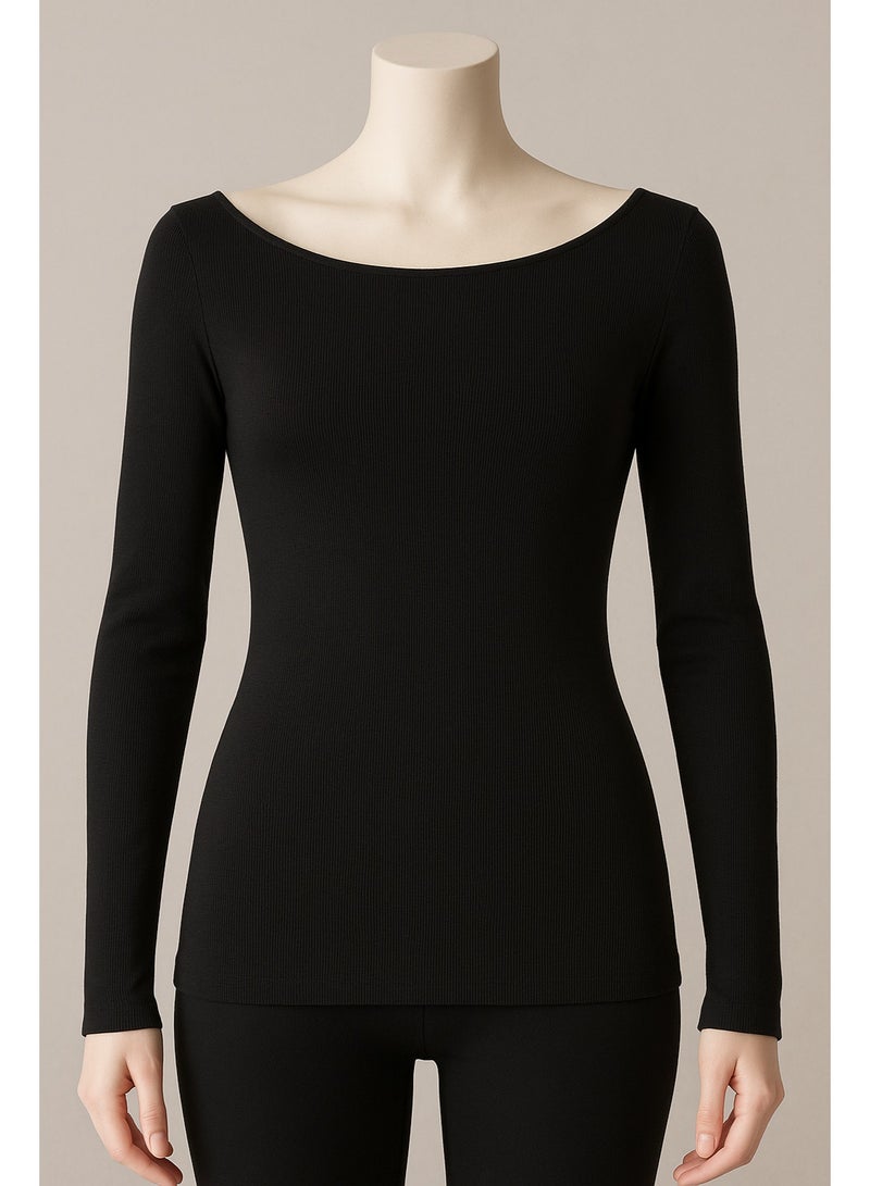 Soft Steps Top Ribbed Long Sleeve Black  – Size L - Image 1