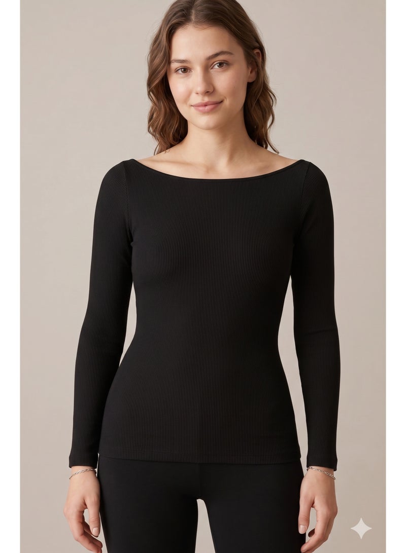 Soft Steps Top Ribbed Long Sleeve Black  – Size L - Image 2