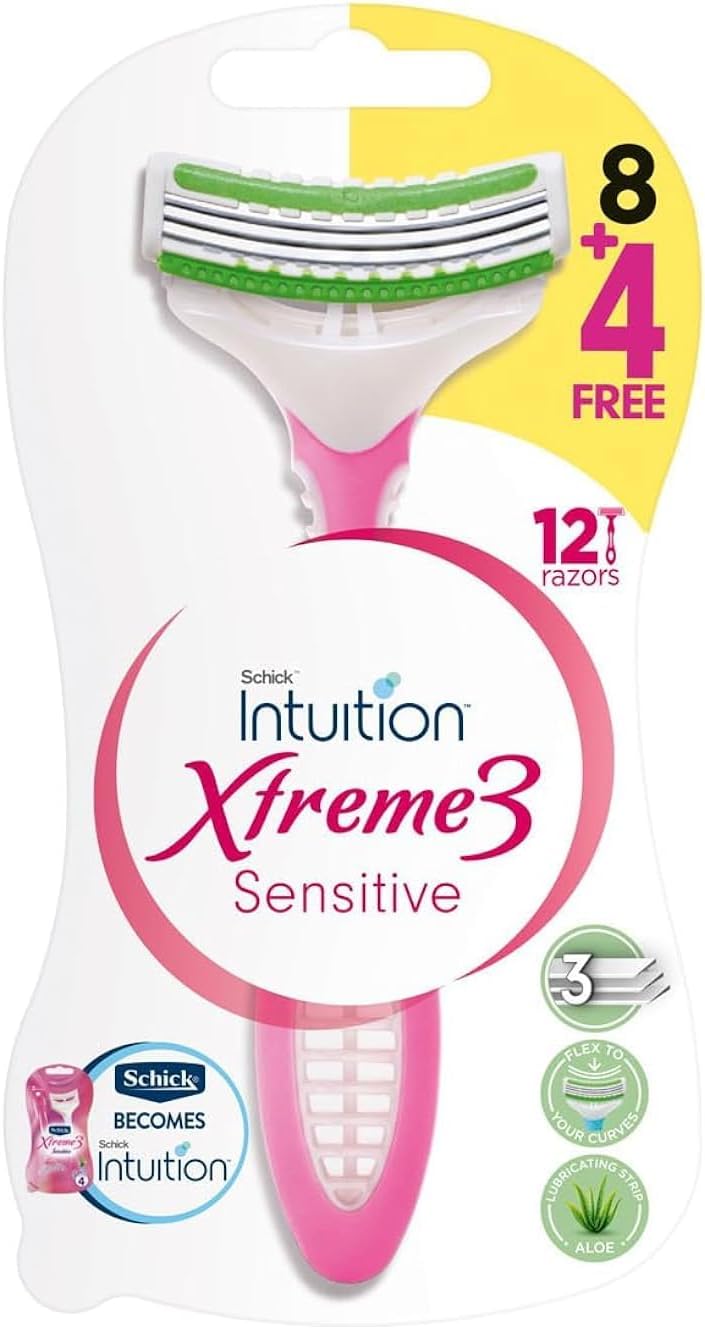 schick شيفك إنتويشن إكستريم 3 شفرات حلاقة حساسة قابلة للتصرف للرجال - 12 قطعة - Image 1