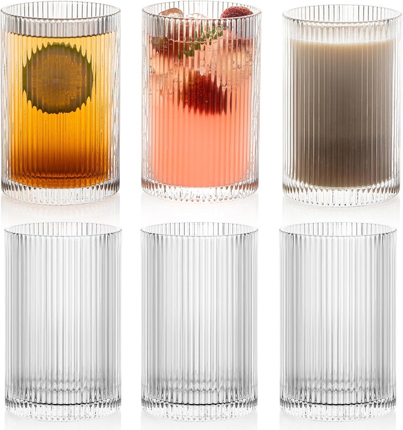 POLIDREAM Set of 6 Ribbed Glassware, 500ml XL Highball Glasses, Art Deco Vintage Glassware, Fluted Ripple Drinkware, Ideal for Iced Coffee, Juice, Mixed Drinkware (17oz) - Image 1