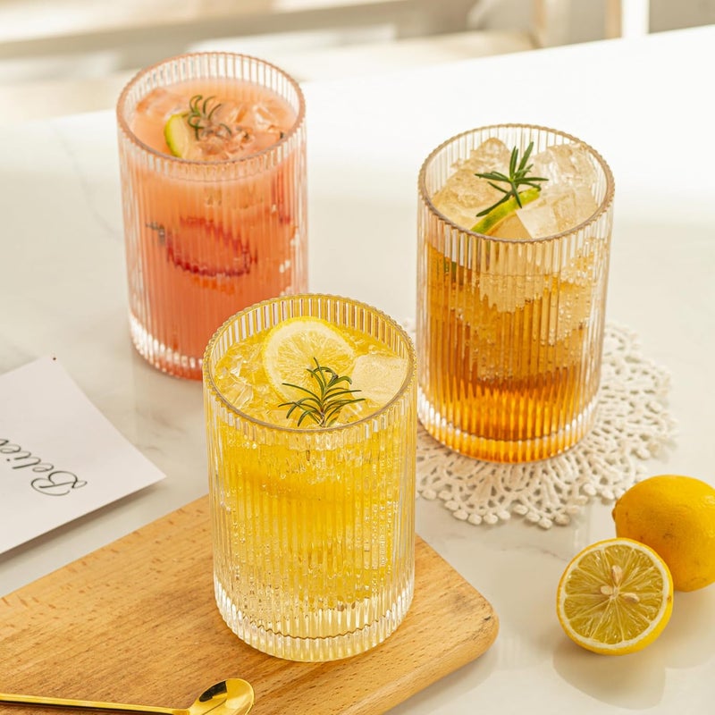 POLIDREAM Set of 6 Ribbed Glassware, 500ml XL Highball Glasses, Art Deco Vintage Glassware, Fluted Ripple Drinkware, Ideal for Iced Coffee, Juice, Mixed Drinkware (17oz) - Image 3