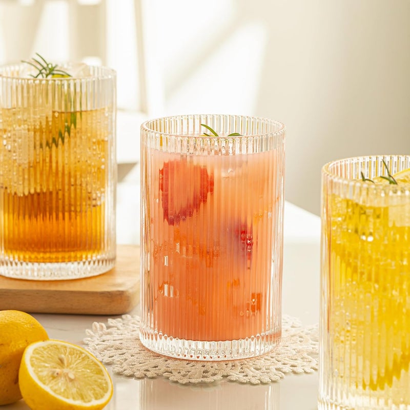 POLIDREAM Set of 6 Ribbed Glassware, 500ml XL Highball Glasses, Art Deco Vintage Glassware, Fluted Ripple Drinkware, Ideal for Iced Coffee, Juice, Mixed Drinkware (17oz) - Image 5