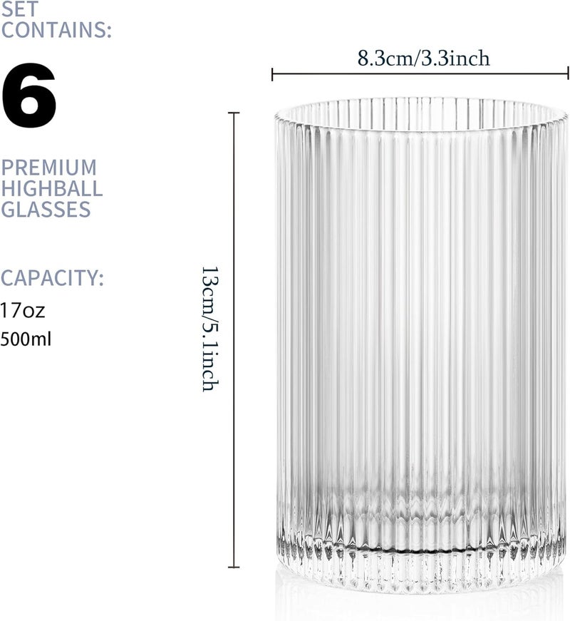 POLIDREAM Set of 6 Ribbed Glassware, 500ml XL Highball Glasses, Art Deco Vintage Glassware, Fluted Ripple Drinkware, Ideal for Iced Coffee, Juice, Mixed Drinkware (17oz) - Image 2