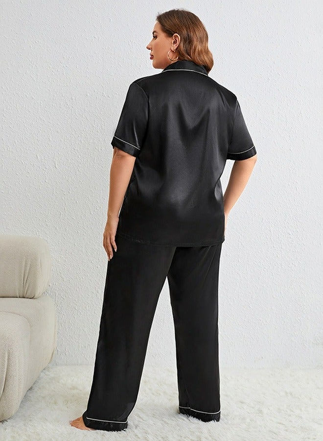 Loquat Women's Imitation Silk 2-Piece Set Nightgown Sleepwear Short Sleeve Lapel Top And Pants Soft Loungewear Pajamas Suit Black - Image 2