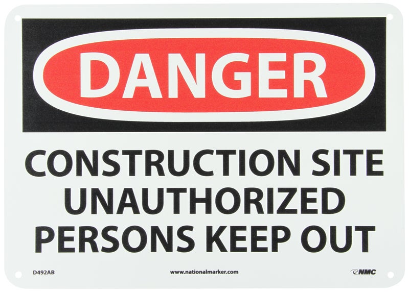 NMC D492AB OSHA Sign, Legend "DANGER - CONSTRUCTION SITE UNAUTHORIZED PERSONS KEEP OUT", 14" Length x 10" Height, Aluminum, Black on White - Image 1