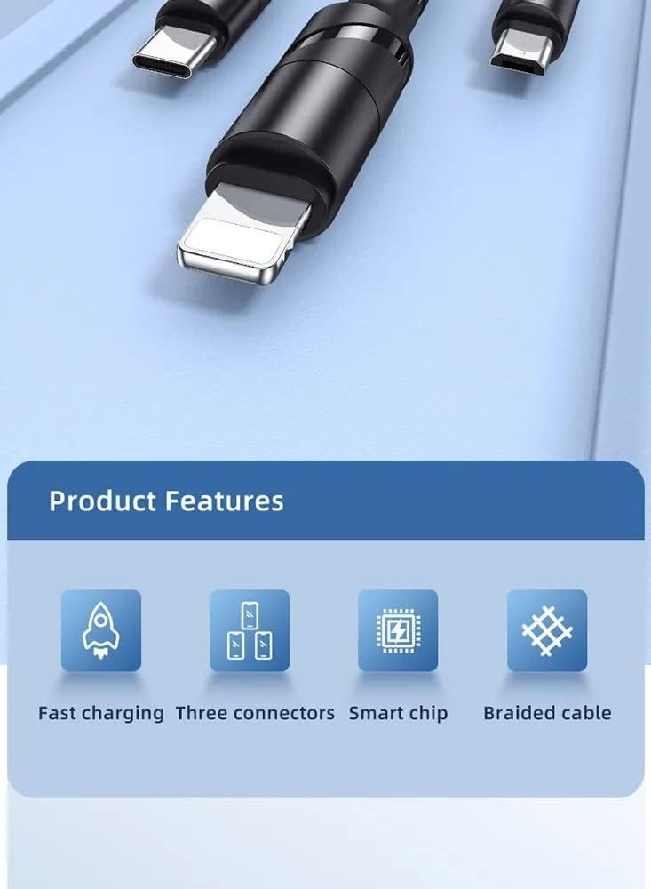 3 Meters USB Charger shielded Cable, 3 In 1 Nylon Braided Cable Fast Charge Data for any Phone, Micro & Type C Cable - Image 3