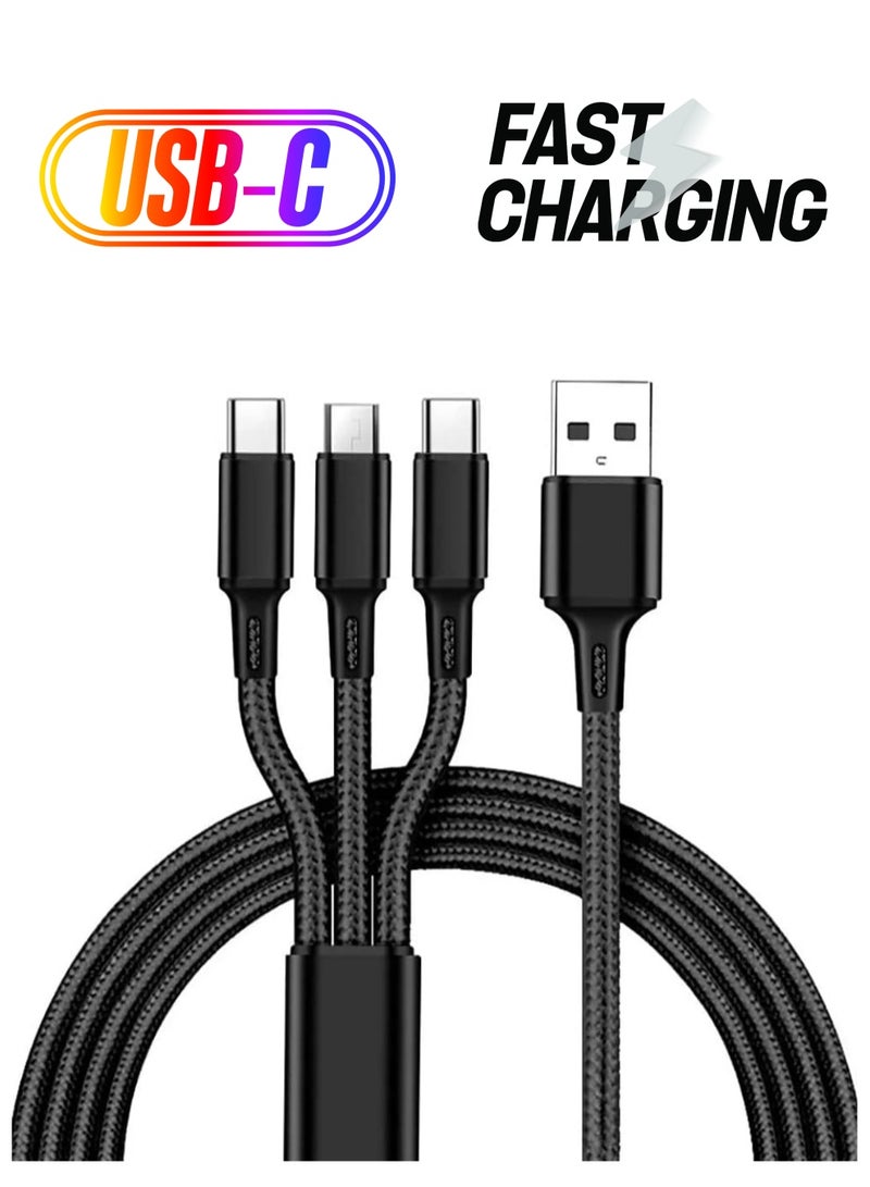 3 Meters USB Charger shielded Cable, 3 In 1 Nylon Braided Cable Fast Charge Data for any Phone, Micro & Type C Cable - Image 1