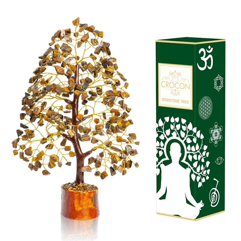 Crocon Tiger Eye Gemstone Tree of Life - Crystal for Feng Shui Decor - Chakra Money Bonsai Tree, Good Luck Healing Crystals Meditation Stones, Spiritual Unique Gift 10-12"""