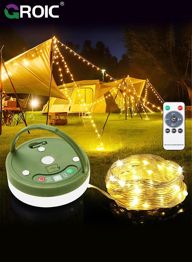 GROIC 2 in 1 Camping String Lights, 10M String with Warm White 132 LEDs, USB Rechargeable with Remote Control, Adjustable Brightness, Light Modes, Portable Camping Light for Outdoor, Decoration - Image 1