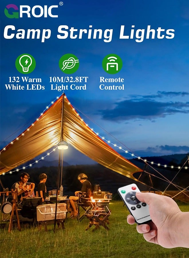 GROIC 2 in 1 Camping String Lights, 10M String with Warm White 132 LEDs, USB Rechargeable with Remote Control, Adjustable Brightness, Light Modes, Portable Camping Light for Outdoor, Decoration - Image 2