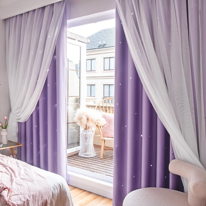 STARS DOUBLE LAYER BLACKOUT CURTAINS FOR BEDROOM KIDS 96 INCHES LONG 2 PANELS SET PURPLE