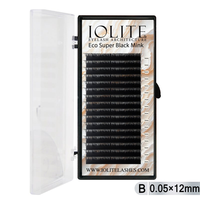 Iolite Super Black Mink Lash Extensions – B Curl 0.05T Mix (6mm–15mm) | Premium Black Mink Eyelash Extension Tray for Lash Artists ISBMB5T - 12MM