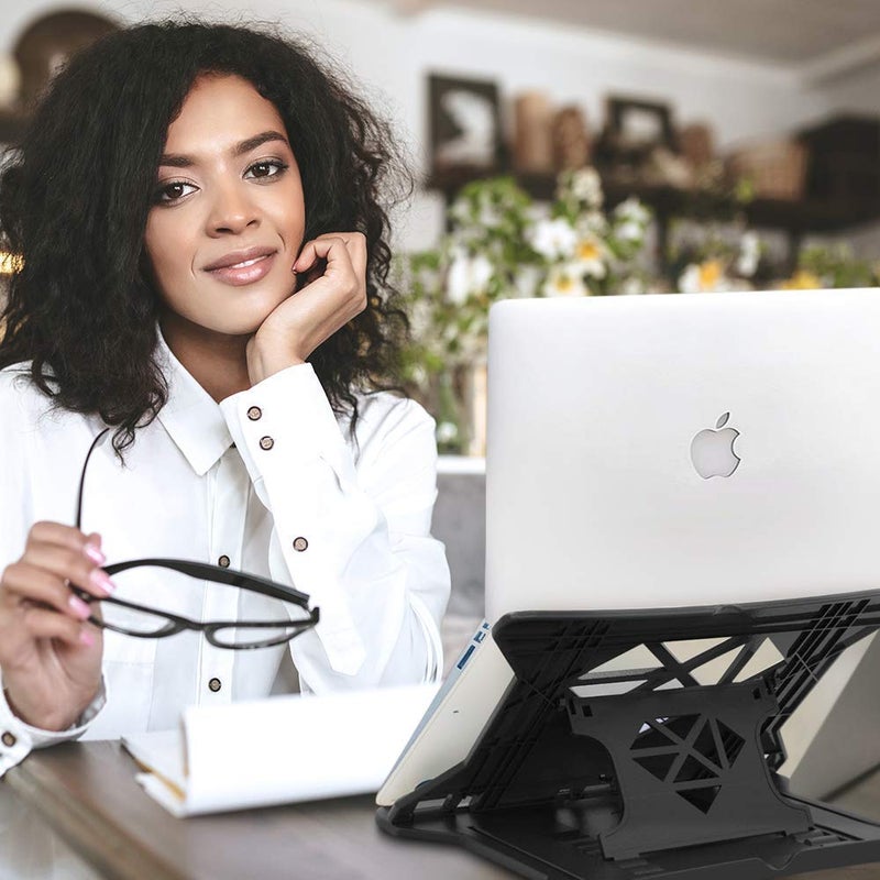 STRIFF Adjustable Laptop Tabletop Stand Patented Riser Ventilated Portable Foldable Compatible with MacBook Notebook Tablet Tray Desk Table Book with Free Phone Stand Black - Image 5