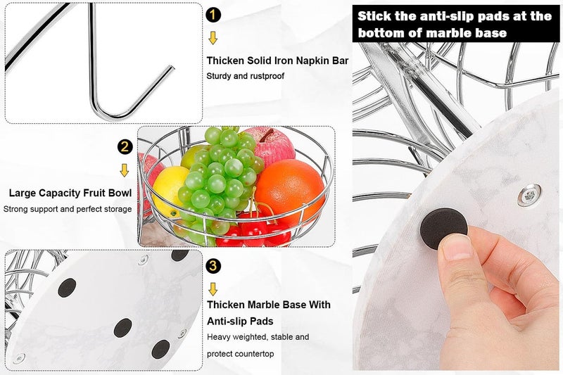 Livabber Fruit Basket Bowl with Banana Hanger, Metal Fruit Vegetable Storage Basket with Banana Holder for Kitchen Counter, Detachable Organizer for Bread Snack Produce (Chrome, 3-Tier Marble Base) - Image 3