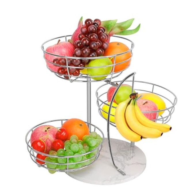 Livabber Fruit Basket Bowl with Banana Hanger, Metal Fruit Vegetable Storage Basket with Banana Holder for Kitchen Counter, Detachable Organizer for Bread Snack Produce (Chrome, 3-Tier Marble Base) - Image 1