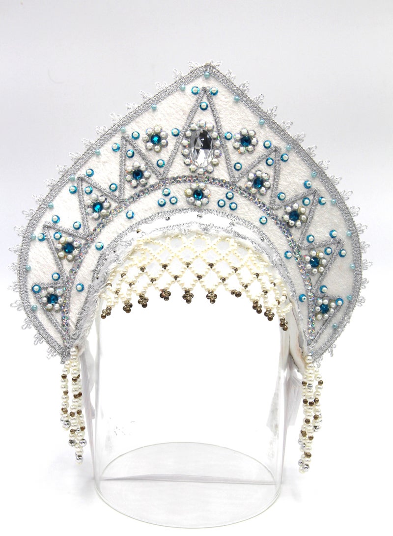 D'Daniela D' Daniela - Women's Traditional Headdress Kokoshnik - White with blue and white beads - Image 1